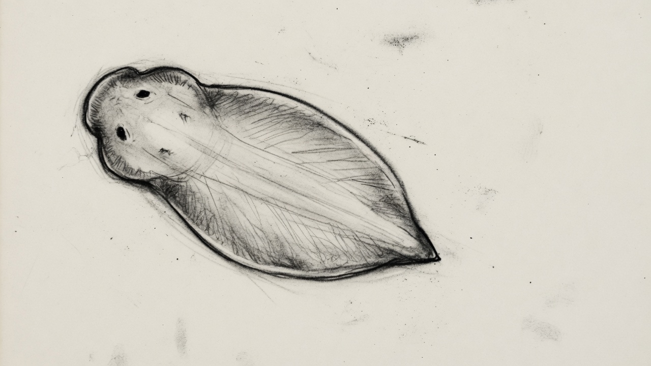 Planaria vista desde arriba, a carbón, con dos manchas en la cabeza