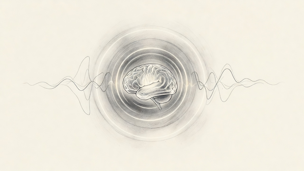 Un cerebro de ratón translúcido y luminoso flota dentro de un campo magnético silencioso, con ondas sonoras que se desvanecen a su alrededor.