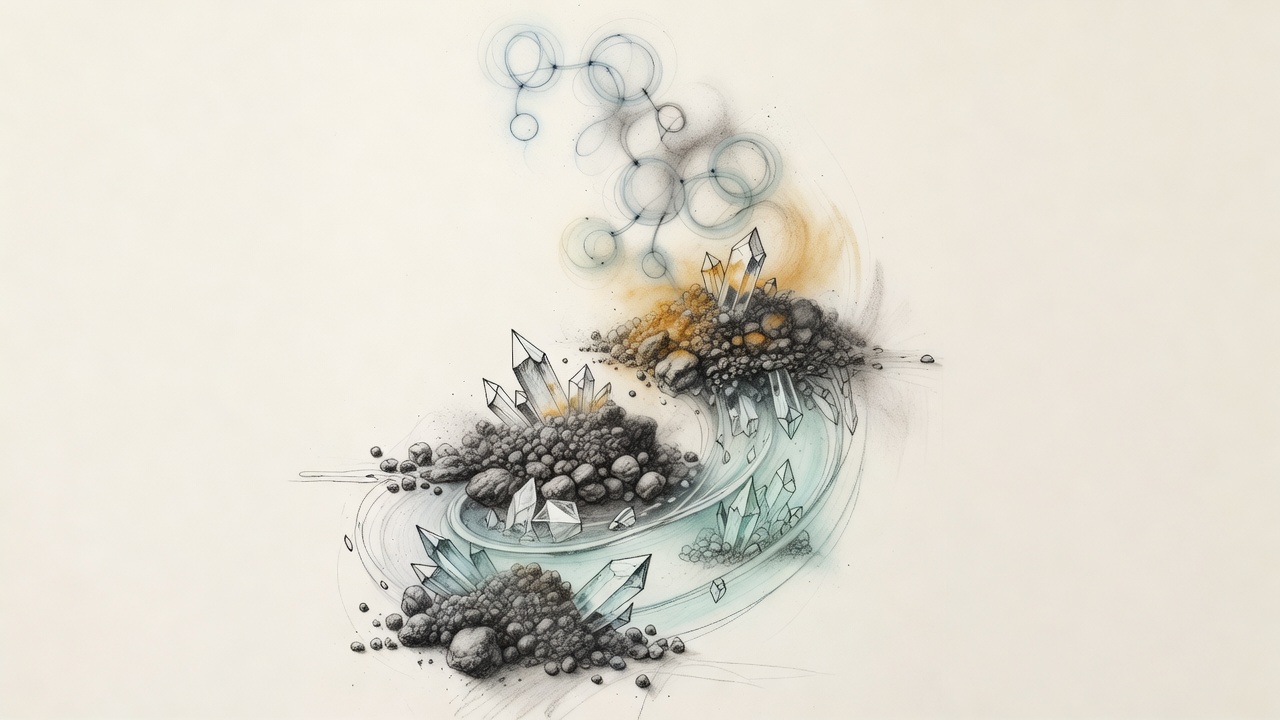 Una composición en espiral muestra moléculas de nitrógeno gaseoso transformándose en gránulos de suelo y luego en cristales de nitrato disueltos en agua.