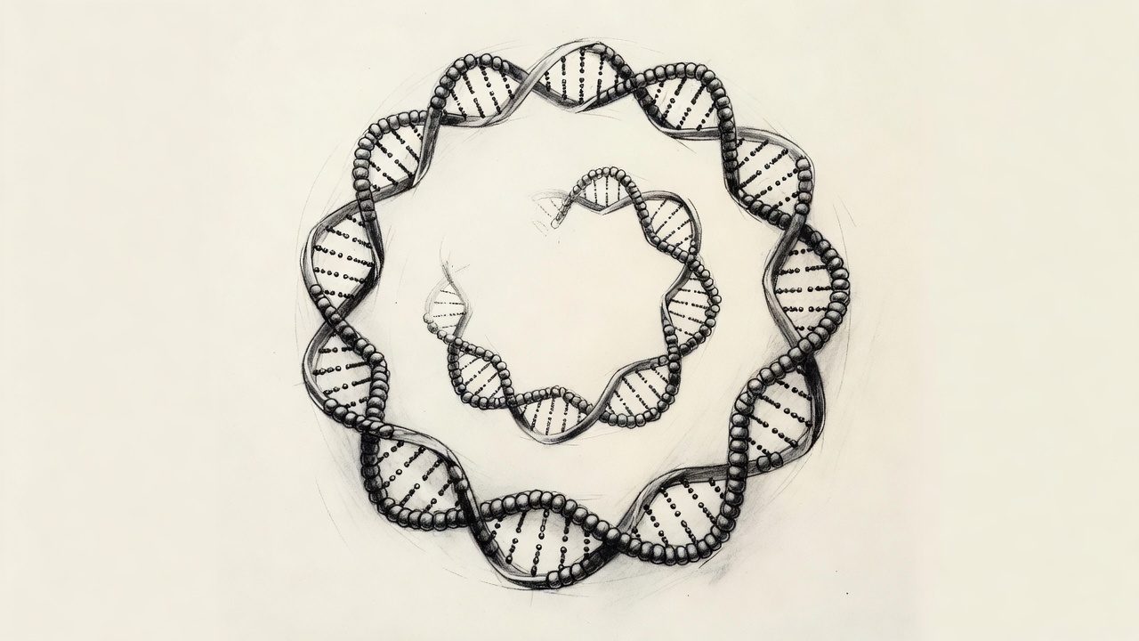 La imagen muestra una hebra de ADN enrollada alrededor de proteínas en forma de carrete, con zonas compactas y zonas abiertas, y pequeñas marcas moleculares sobre los tramos más apretados.