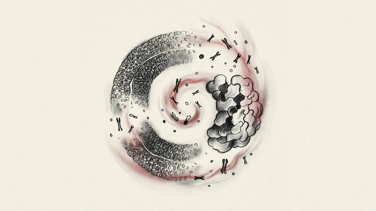 Ilustración circular de médula ósea, timo con grasa, células inmunitarias dispersas y un halo inflamatorio rojizo que conecta las etapas del envejecimiento inmunitario.