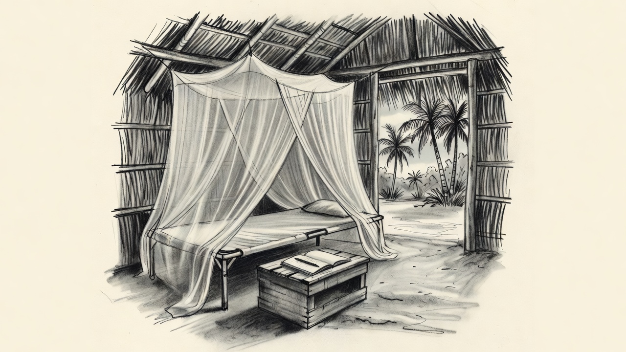 Un catre con mosquitera en una cabaña de una isla tropical, con un cuaderno abierto y un lápiz sobre una caja de madera.