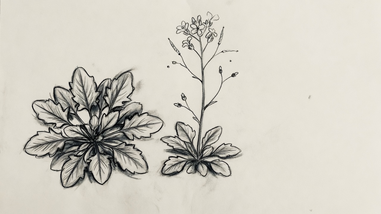 Dos plantas de Arabidopsis a carbón, una en roseta y otra con tallo florido