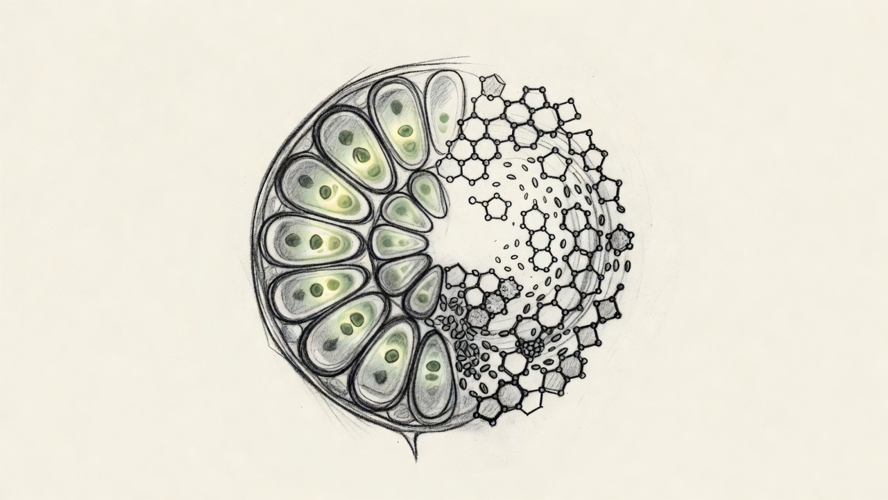 Interior de una célula vegetal donde los cloroplastos con sus membranas apiladas se transforman gradualmente en estructuras moleculares de azúcares.