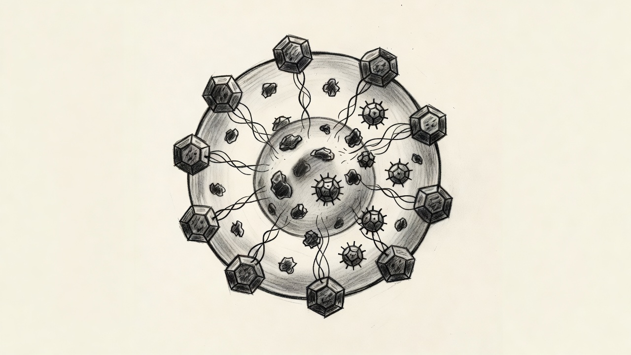 Composición circular que muestra el ciclo de multiplicación de un virus alrededor de una célula huésped: adherencia, entrada, replicación, ensamblaje y salida de nuevos viriones.