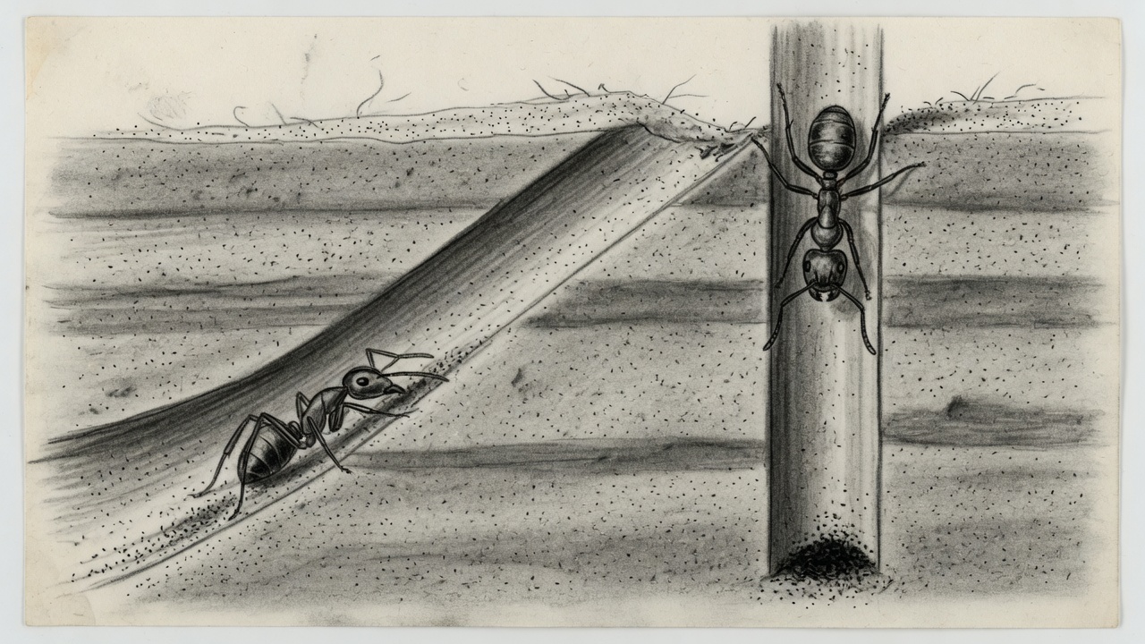 Ilustración de dos hormigas en un marco de arena: la joven abre un túnel en diagonal y la vieja un pozo casi vertical.