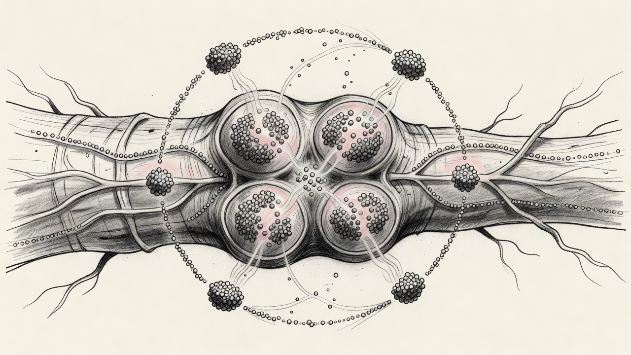 Ilustración de un nódulo radicular de una leguminosa donde bacterias rizobio convierten nitrógeno del aire en amoniaco, mientras la planta aporta azúcares, en una composición circular.
