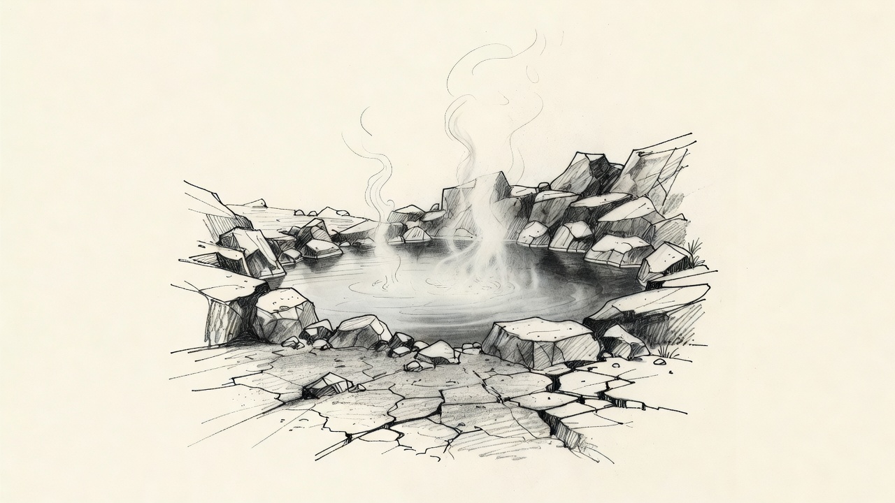 Una poza termal humeante entre rocas peladas, con barro seco y agrietado en primer plano.