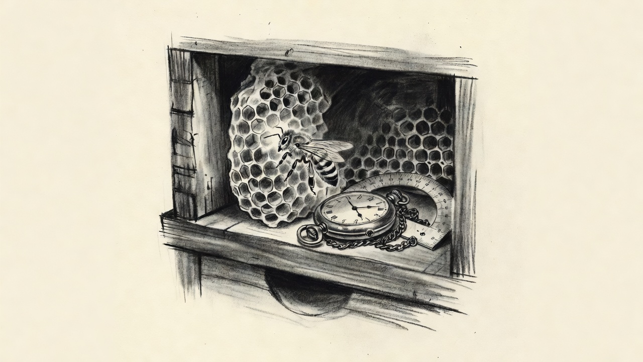 Una abeja sobre un panal vertical y, apoyados en el marco de madera, un reloj de bolsillo y un transportador.