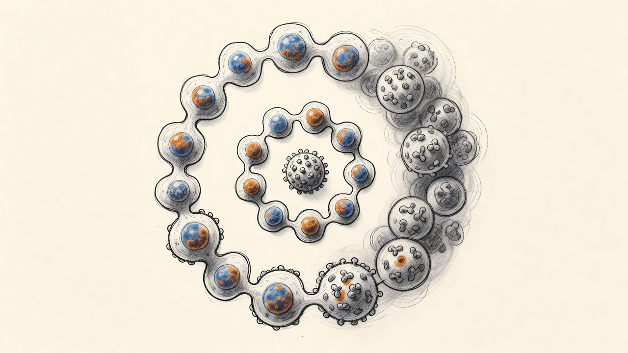 Una composición circular muestra células inmunitarias y moléculas de antígeno en distintas etapas, desde el primer contacto hasta una nube densa de anticuerpos.