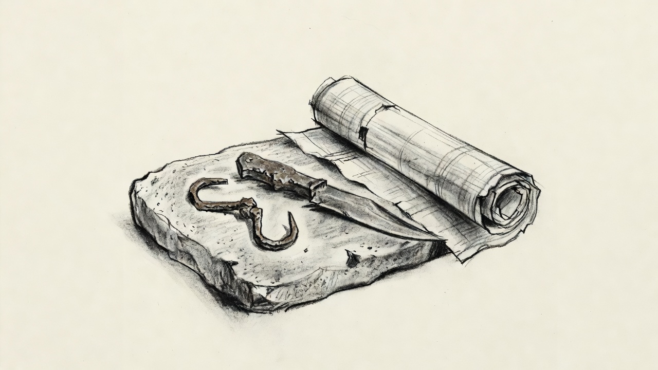 Un cuchillo pequeño y dos ganchos de bronce sobre una losa de piedra, junto a un rollo de papiro.