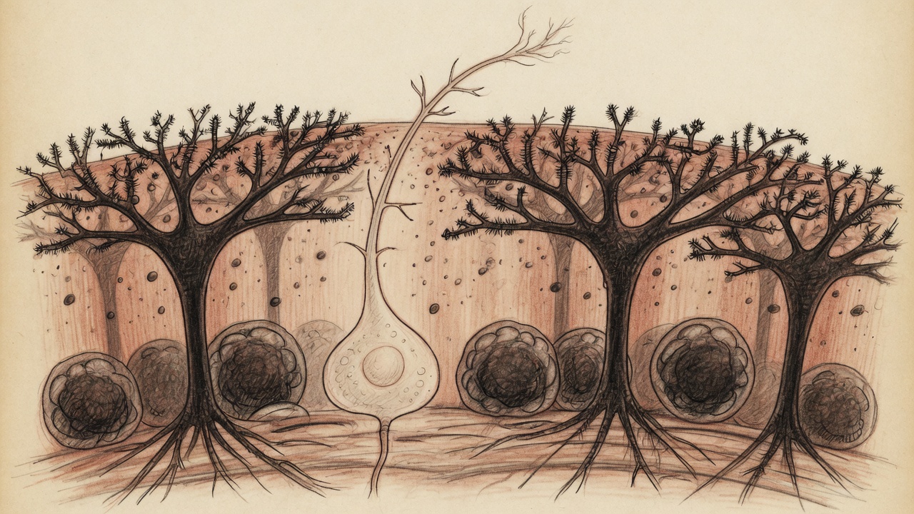 Ilustración de una neurona granular joven entre neuronas maduras del giro dentado