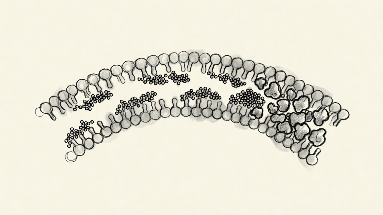 Membrana celular con moléculas de agua atravesando los poros hacia el lado con más soluto disuelto, en una composición circular que sugiere el movimiento hasta el equilibrio.