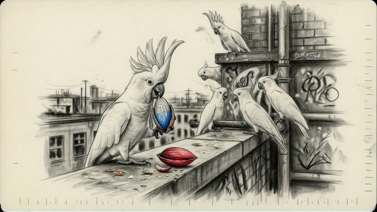 Ilustración de cacatúas de cresta amarilla con una almendra azul y otra roja.