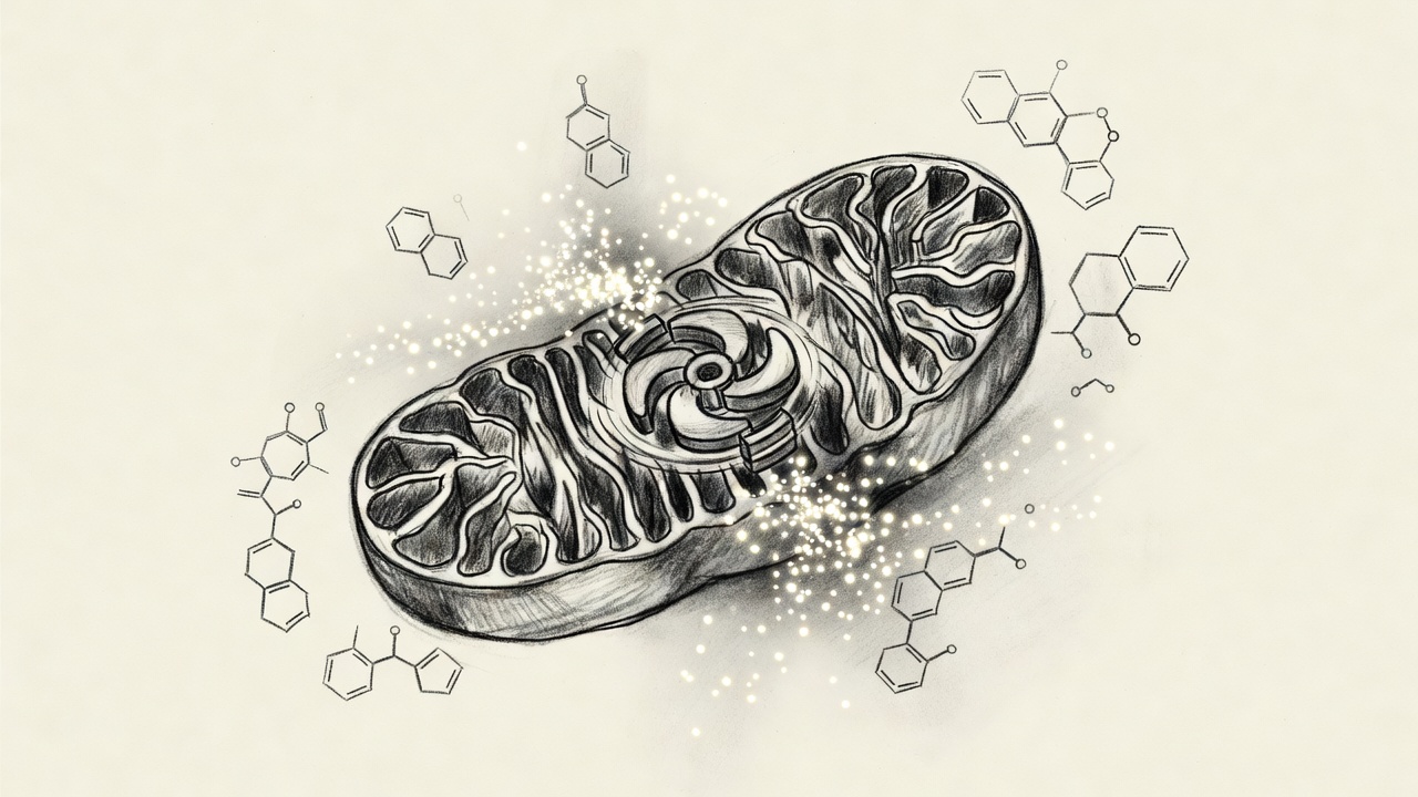 Representación de una mitocondria con su membrana plegada, moléculas de glucosa transformándose y una estructura giratoria que fabrica ATP mediante un gradiente de protones.