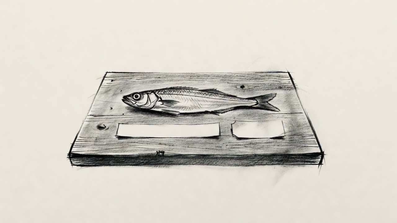 Un merlán, un pez de mar pequeño y alargado, sobre una mesa de madera, junto a dos etiquetas de papel en blanco: una tira muy larga y otra corta.