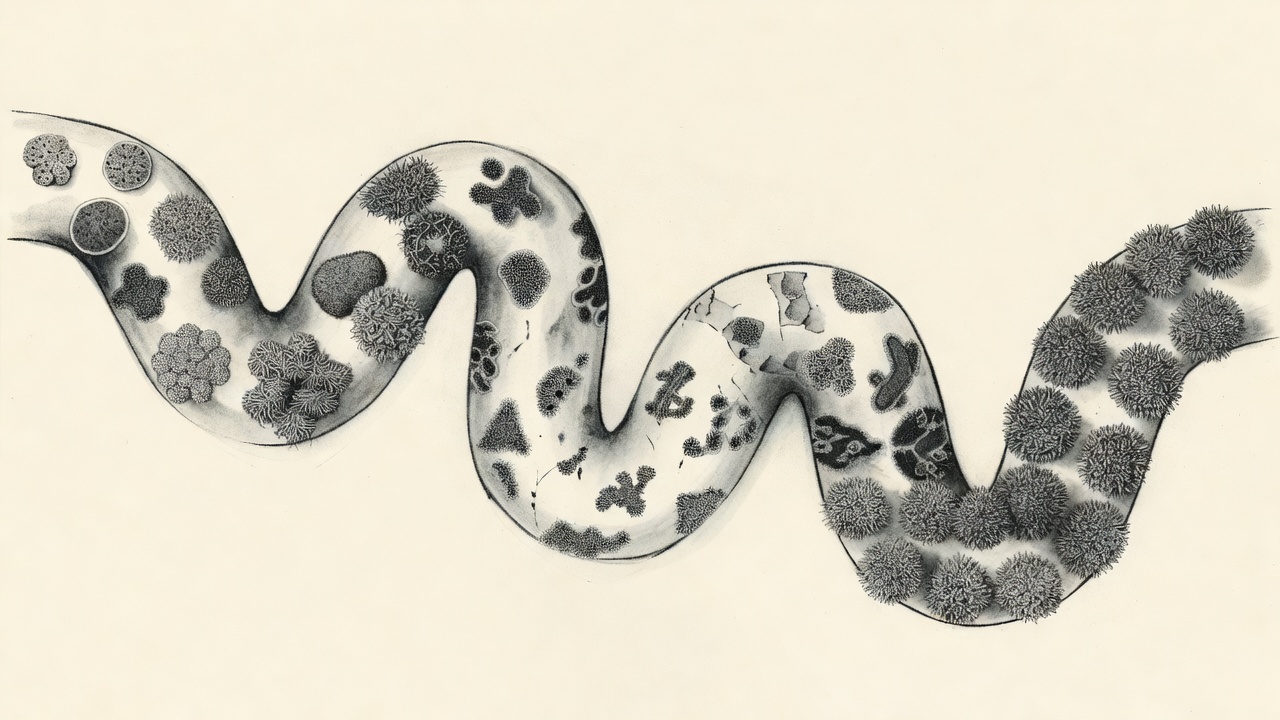Paisaje intestinal tubular que muestra colonias bacterianas diversas y equilibradas transformándose progresivamente en colonias escasas y luego en un crecimiento denso y uniforme.
