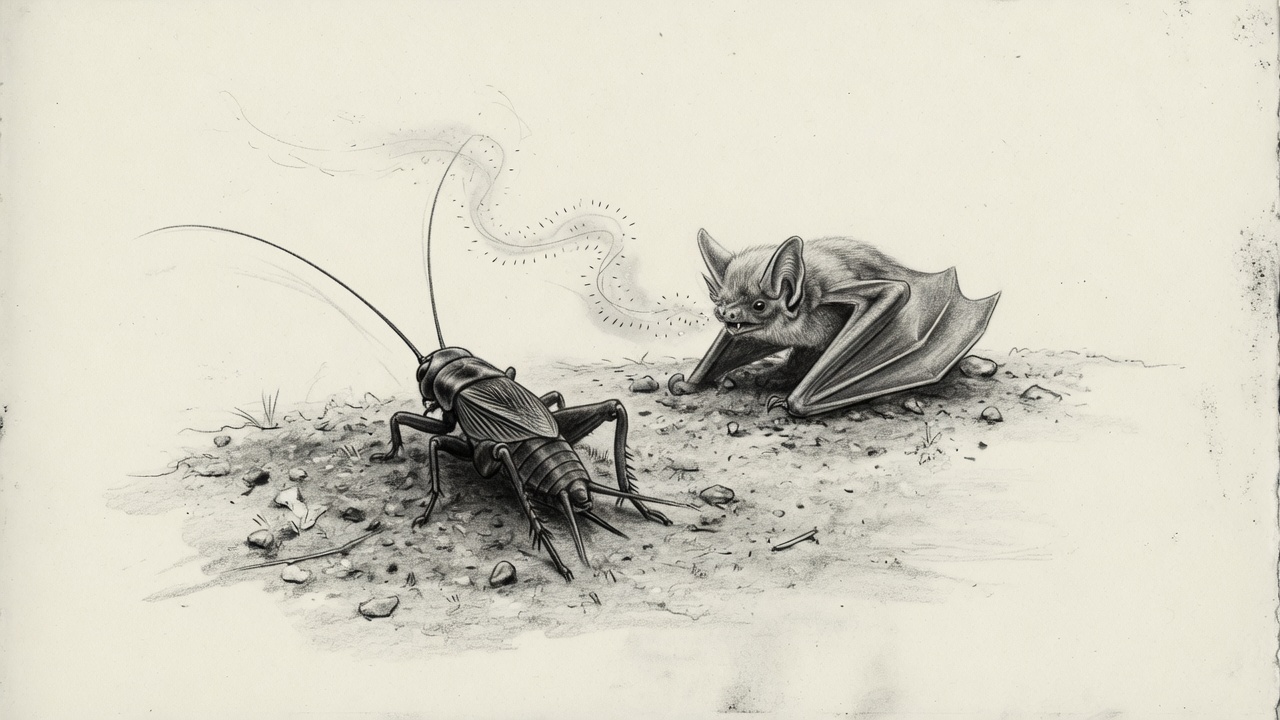 Ilustración de un grillo y un murciélago en el suelo, con un rastro de olor entre los dos.
