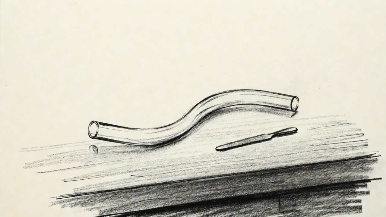 Un tubo de vidrio largo y fino, curvado en forma de ese, sobre un banco de madera junto a una lima.