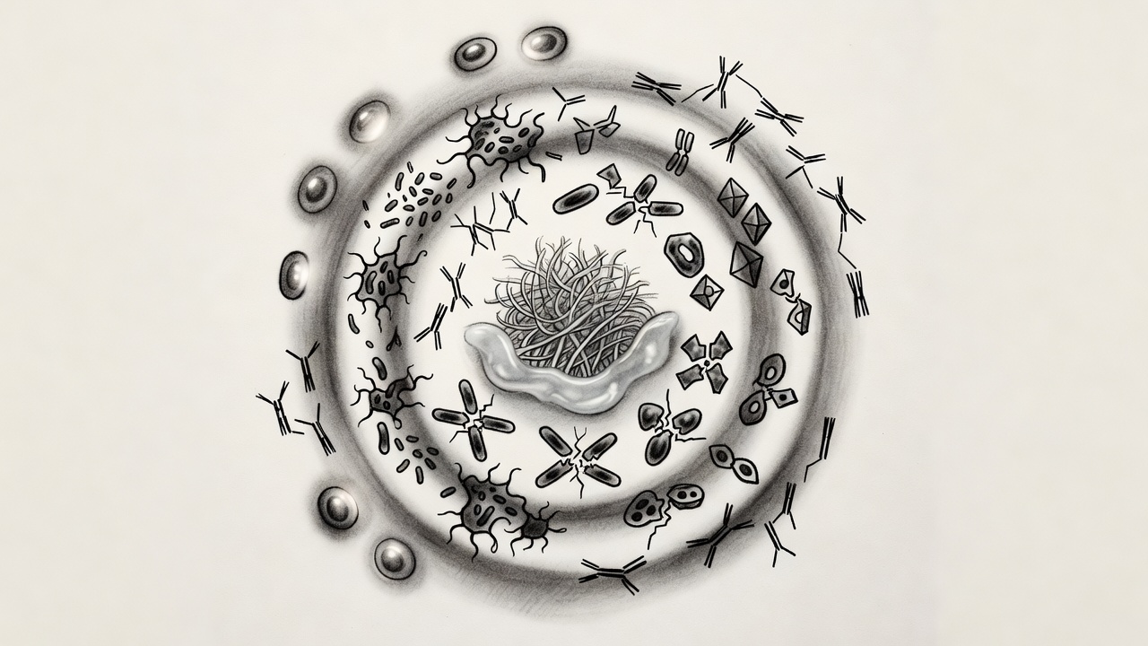 Ilustración circular que muestra el recorrido del sistema inmunitario, desde la barrera de piel y moco en el centro hasta las células de memoria en el borde exterior.