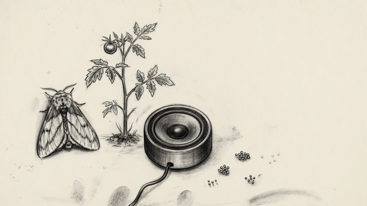 Ilustración de una polilla junto a un tomate joven y un altavoz, con las puestas hacia el lado del sonido.