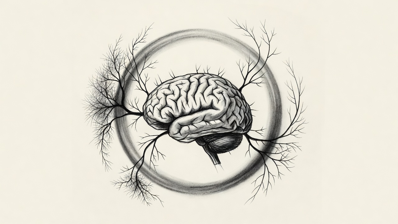 Un cerebro en corte transversal rodeado de un anillo de luz y sombra, con sinapsis que se engrosan y adelgazan formando un ciclo continuo.